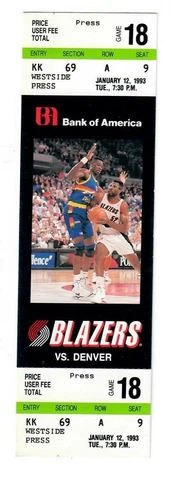 Vintage 1993 Portland Trailblazers vs Denver Nuggets NBA Basketball Press Ticket Cover