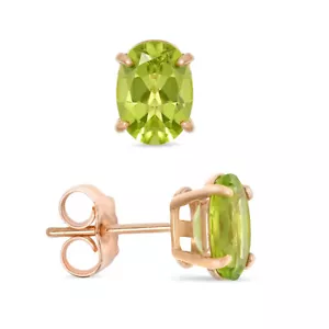 Natural Green Peridot Gemstone Stud Earrings Real Solid 14k Rose Gold - Picture 1 of 6