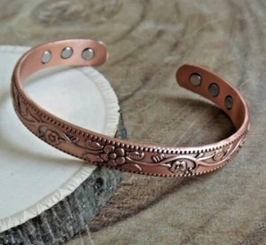 Pure Copper Magnetic Bracelet Arthritis Pain Therapy Energy Cuff Flower - Picture 1 of 5