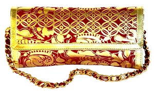 Chico's ROT GOLD GEPRÄGT ECHTLEDER MITTELGROSSE KLAPPE SCHULTERTASCHE HANDTASCHE CLUTCH - Bild 1 von 9