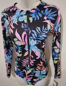Hurley Womens Black Floral Long Sleeve One Piece Swimsuit Surfsuit Rash Guard - Picture 1 of 6