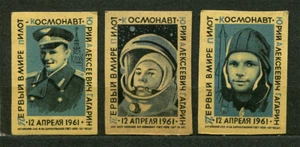 1961, First Man in Space Yuri Gagarin, conjunto de 3 finas etiquetas rusas de caja de cerillas - Imagen 1 de 1