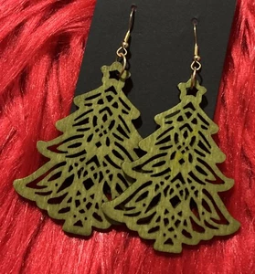 Damen Ohrringe grün Weihnachtsbaum Holz Cutout mittel leicht Urlaub - Bild 1 von 7