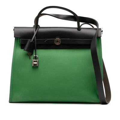 Authenticated Hermès Toile Herbag Zip 31 Green Canvas Fabric Satchel - Image 1 of 4