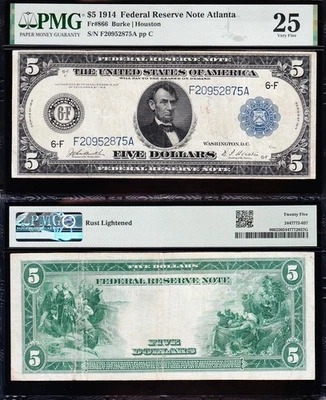 ¡MUY BONITO Billete de $5 Atlanta FRN audaz y nítido en estado bastante bueno+ de 1914! PMG 25! ¡ENVÍO GRATUITO! 52875A Foto 1 de 3