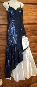 VGT Alyce Designs Navy Blue Sequin White Drop Waist Bow Prom Dress Sz 8 - Picture 1 of 23