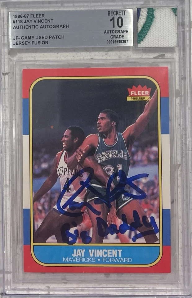 1986-87 Fleer Jay Vincent Autograph Jersey Fusion 3 Color Swatch Beckett 10 Auto - Image 1 of 1