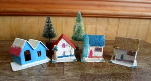 4 Vin. Mini Putz Haus Ornamente & 2 Mini Bäume für Weihnachtsdorf, Japan - Bild 1 von 11