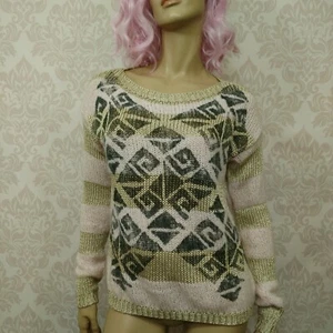 Maryley Italy Acrylic Mohair Sweater Womens S M Aztec Gold Metallic Pastel Pink - Bild 1 von 12