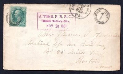 US 1881 PHILADELPHIA, PA. TO BOSTON FANCY "1" IN TRIPLE CIRCLE CANCEL RAIL ROAD - Image 1 of 2