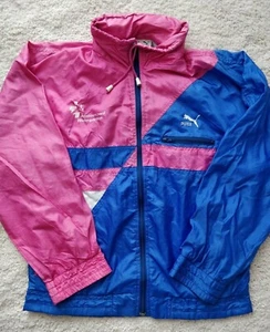Puma Vintage Swiss Track Top Nylon Hooded Jacket Blue Pink Windbreaker Hoodie - Picture 1 of 9