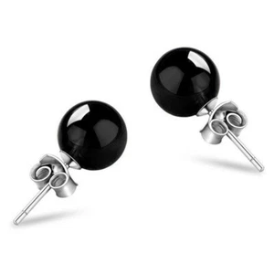 Black Onyx Bead 925 Sterling Silver Stud Earrings Gemstone - Picture 1 of 7