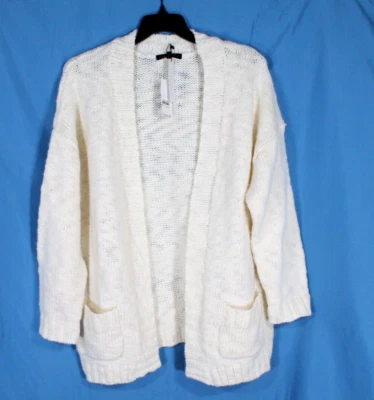NWT SANCTUARY White RIBBED TRIM Open Front WOOL BLEND Knit SWEATER/CARDIGAN Sz L - Image 1 of 4