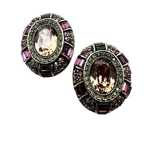 Heidi Daus Purple Green Amber Multicolor Crystal Bronze Clip Earrings - Picture 1 of 3