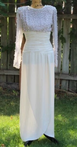 Vtg 70s 80s Lillie Rubin Victoria Royal Ltd Cream Chiffon Beaded Gown Women's S - Picture 1 of 22