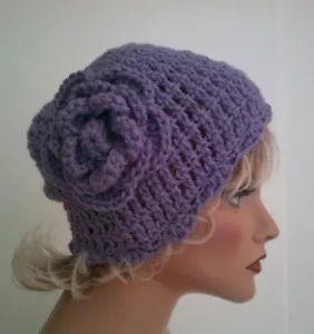 NEW HANDMADE LAVENDER FLOWER BEANIE CAP HAT HAND CROCHET BERET CAP CLOCHE - Picture 1 of 6
