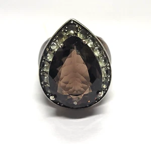 Big Pear Smoky Topaz Real Gemstone & CZ Shimmering Band Ring SZ:6 US Silver 925 - Picture 1 of 21