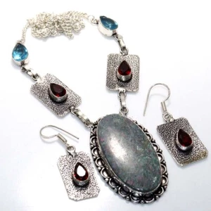 Ruby In Fuchsite Garnet 925 Silver Plated Necklace Earrings Set 16|1.6" AU B893 - Picture 1 of 3