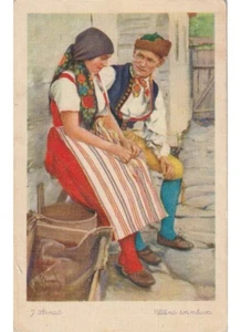 1941 arte in cartolina - J. Strnad - cartolina innamorati costumi tipici - Picture 1 of 2