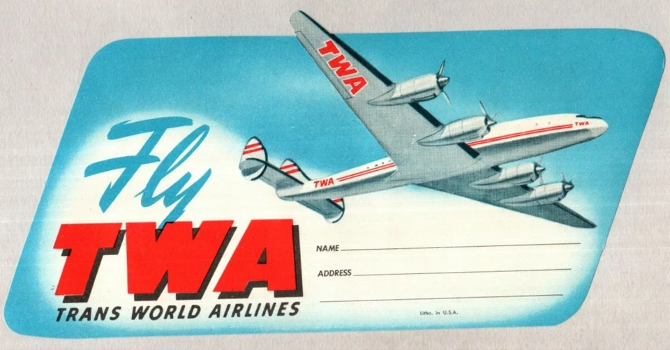 FLY TWA TRANS WORLD AIRLINES DIE-CUT ETIQUETA DE BAGAGEM NOME E ENDEREÇO DA COMPANHIA AÉREA 1955 - Imagem 1 de 1