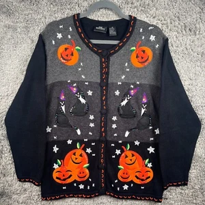 Vintage Halloween Cardigan Sweater Medium One Resource Jack O Lantern Black Cats - Picture 1 of 6