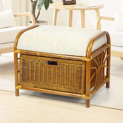 Krit Handmade Rattan Wicker Ottoman Footstool  w/Basket w/Cushion - Image 1 of 4
