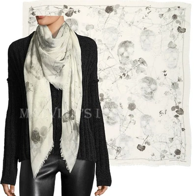 ALEXANDER MCQUEEN SCARF SKULL & ROSES BLACK MAGIC  WHITE SILK MODAL SQUARE 54" - Image 1 of 4