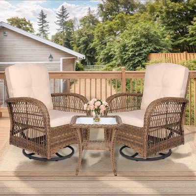 Juego de 3 piezas mecedora giratoria de mimbre para patio de exterior 360° con mesa Foto 1 de 4