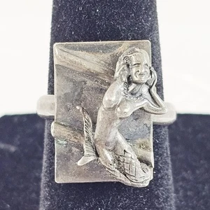 Sterling Silver 925 Mermaid Ring Size 5.25 Adjustable Artist Signed Deco MCM Vtg - Picture 1 of 15