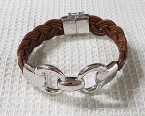 MILOR BRONZE ITALY OLD-PLATED HORSE BIT BRAIDED BROWN LEATHER BRACELET - Picture 1 of 5