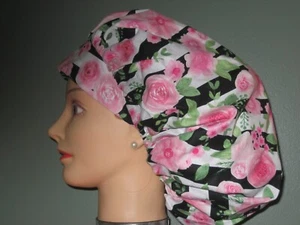 Surgical Scrub Hats/Caps Pink Roses on black and white stripes - Picture 1 of 4