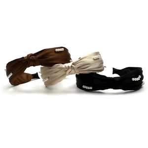 Soft Silk Fabric Top Knotted Headband Turban Knot Hairband Pearl Decor Headpiece - Picture 1 of 30