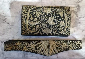 Vtg Zardozi Clutch & Belt Black Velvet Silver Wire Embroidered 30" Stunning  - Picture 1 of 12