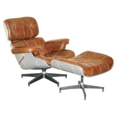 STUNNING HERITAGE BROWN LEATHER HAND HAMMERED AVIATOR LOUNGER ARMCHAIR & OTTOMAN - Image 1 of 4