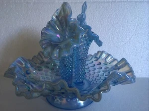 Vintage Fenton Blue Carnival 3 Horn Hobnail Opalescent Epergne - Picture 1 of 13