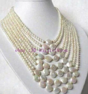 8 Rows Real Natural White 6-7mm 11-12mm Freshwater Coin Pearl Necklaces 17-27'' - Picture 1 of 4