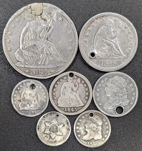 7 Silver Coins from 1800's Seated Half Quarter Dime Bust Dime Three Cent Silver - Picture 1 of 2