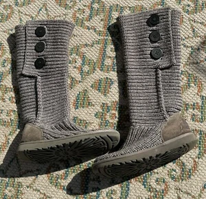 Ugg Australia Classic Cardy Gray Knit Pull On Fold Winter Boots Women’s Size 6 - Picture 1 of 11