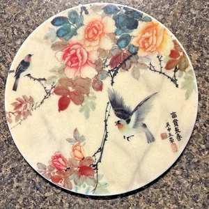 Targa vintage Giapponese in pietra con uccellini policromi e decorazione casa floreale - usata in ottime condizioni - Foto 1 di 12