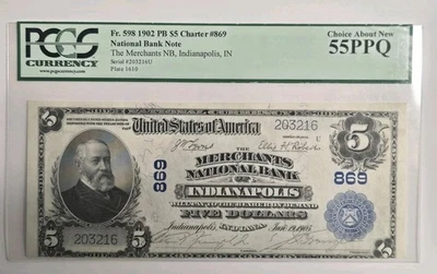 1902 PB $5 Merchants NB Indianapolis, IN Ch# 869 National Banknote PCGS 55PPQ - Image 1 of 4