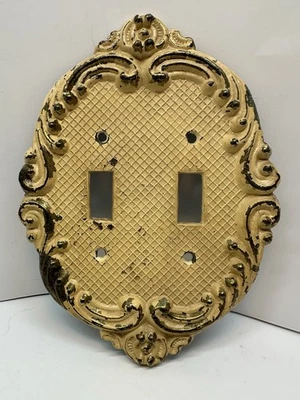 Oval Brass Double Light Switch Plate 2 Toggle Ornate Victorian Ivory Enamel VTG - Image 1 of 4