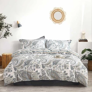 Vintage 100% Cotton Floral Duvet Cover Queen Size 3PC - Luxurious Paisley on Whi - Picture 1 of 7