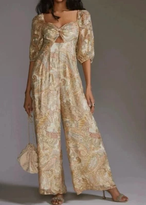 Mono Elegante Ranna Gill x Anthropologie XL Pierna Ancha Dorado Fiesta Evento Foto 1 de 4