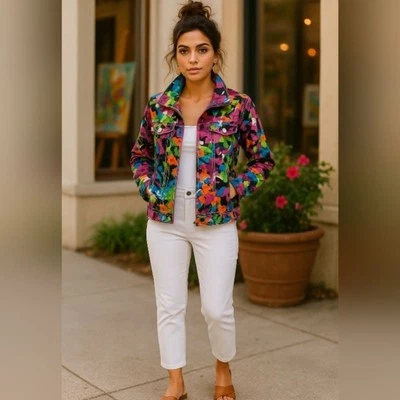 Chaqueta cortavientos floral rosa neón con cremallera Jockey Y2K persona a persona para mujer L  Foto 1 de 4