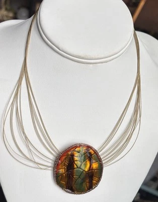 Enamel Pendant Multi Color Multi Strand Coated Wire Choker Necklace 19” Boho - Image 1 of 4