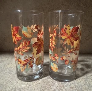 Paar 2 Vintage LIBBEY Herbstblätter und Eicheln 6" Trinkgläser Becher - Bild 1 von 3