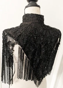 Vintage Victorian Mourning Funeral Black Glass Beaded Mantle Capelet C-BM100 - Picture 1 of 9