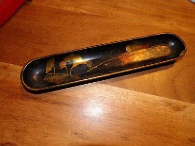 Ancien porte crayons papier mâché laque noire avec dessins ( ref 1 ) - Photo 1/4