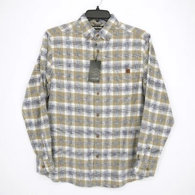 Solaris Men's Long-Sleeve Shirt M Beige Navy White Plaid Lens Cleaner NWT - Image 1 of 4