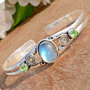 Labradorite & Peridot Cut Gemstone Bangle 925 Sterling Silver Attractive Cuff - Picture 1 of 9